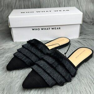 What to Wear, NWT, What to wear black Annie satin tassel mule slip on shoe SZ 8